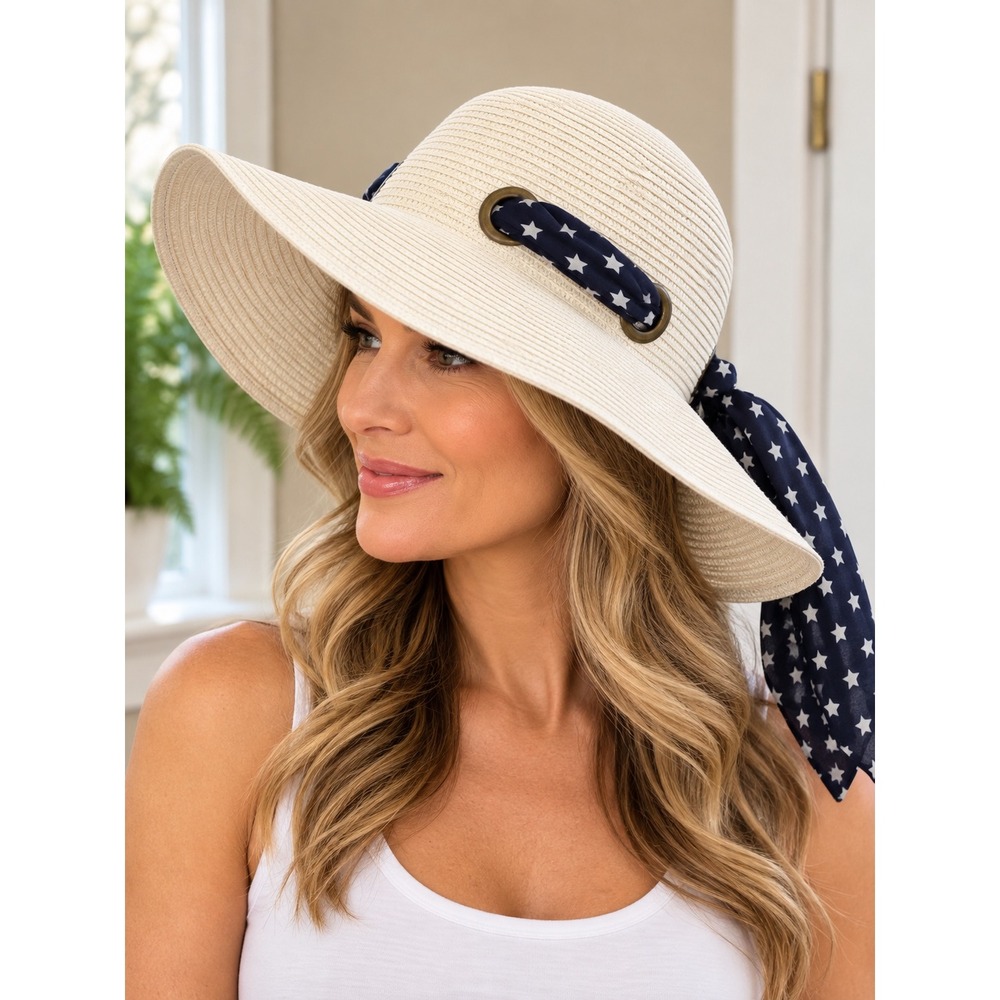 Indigo Soul Womens Wide Brim Sun Hat Cream Straw Navy Star Scarf Tie Floppy Hat